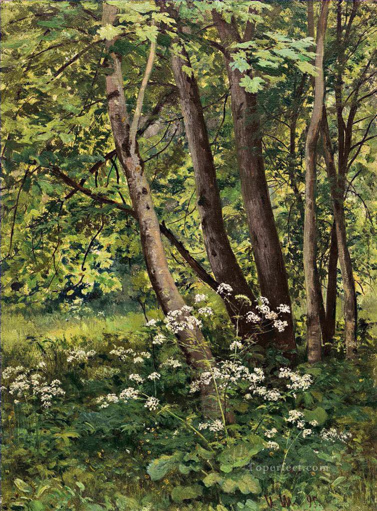 森の花の古典的な風景 Ivan Ivanovich油絵